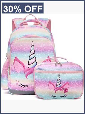 Kids Backpack with Lunch Box, Lightweight Waterproof Unicorn Bookbag, Chest